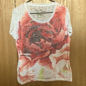 White Burnout Short Sleeved Tee w/ Rhinestones & Rose 🌹 Print